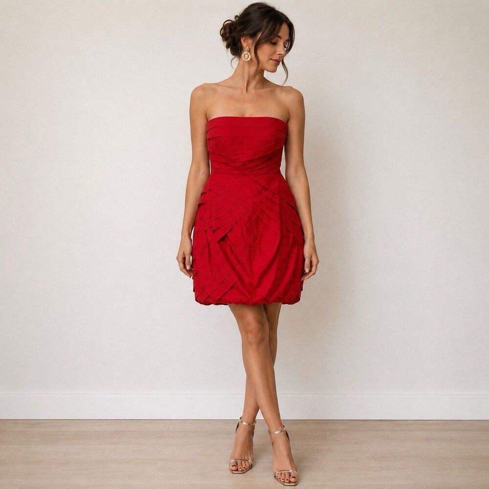 Tracy Reese Red Strapless Pleated Bubble Dress Sz 8 Architectural Artsy Cocktail